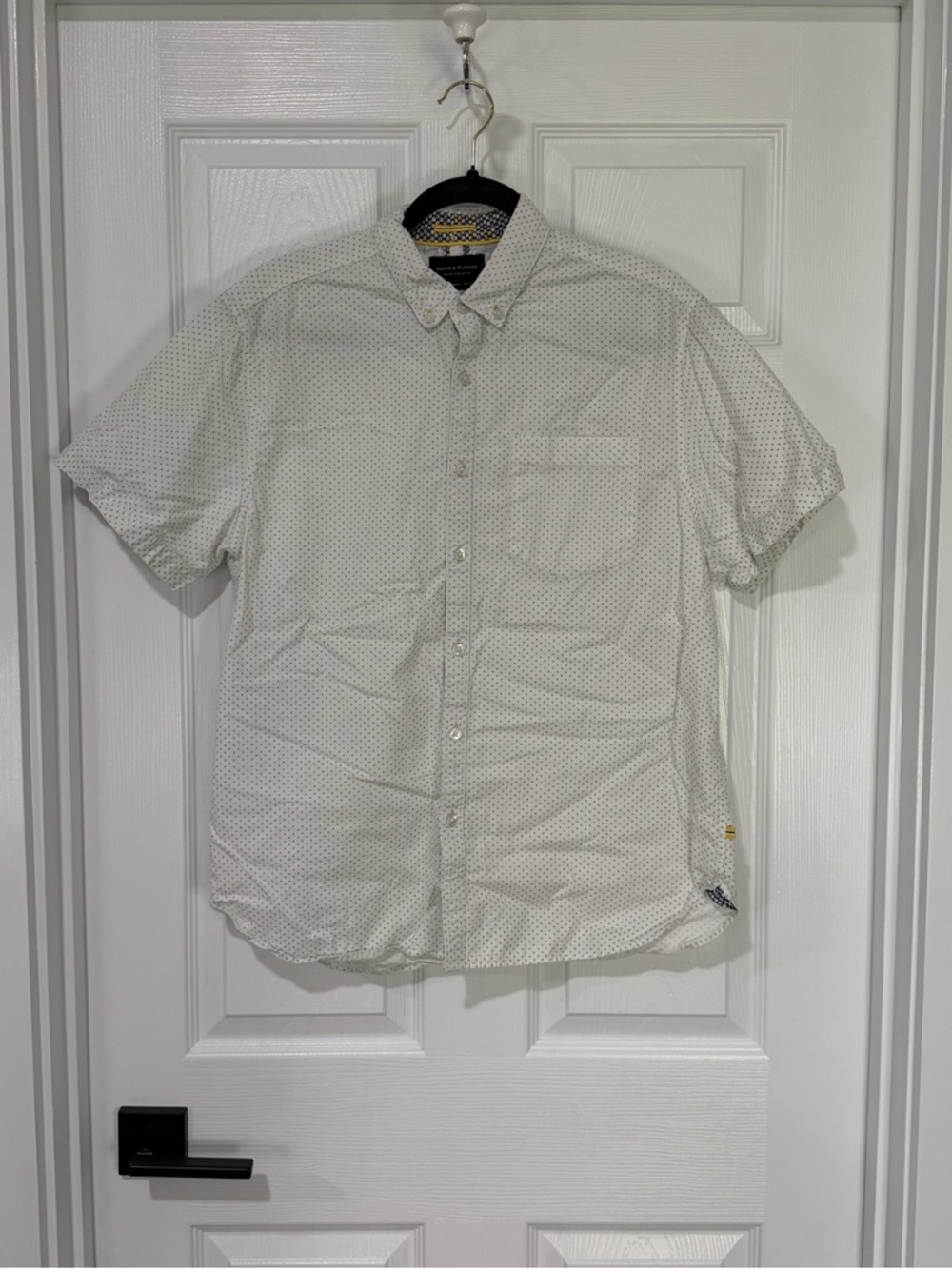 💯 cotton Denim & Flower White Short-Sleeve Button-Down with Micro Dot Print
